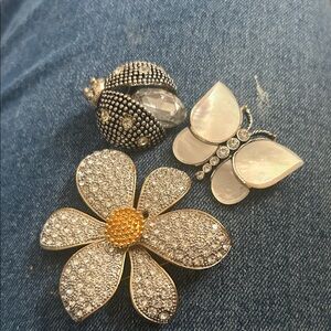 Elegant Silver and Gold Crystal Brooch Set